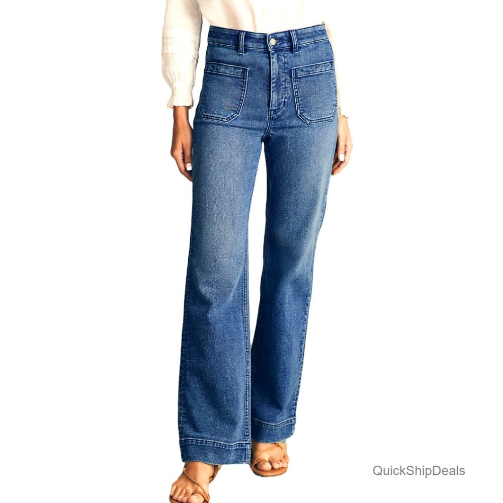 High Waisted Wide Leg Jeans, Stretchy Straight Leg Denim Pants with Pockets